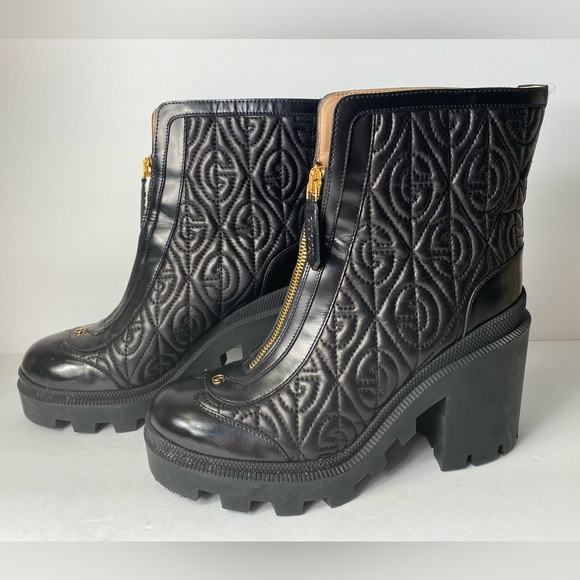 Gucci G rhombus boots block heels leather black 37.5 - Picture 6 of 13